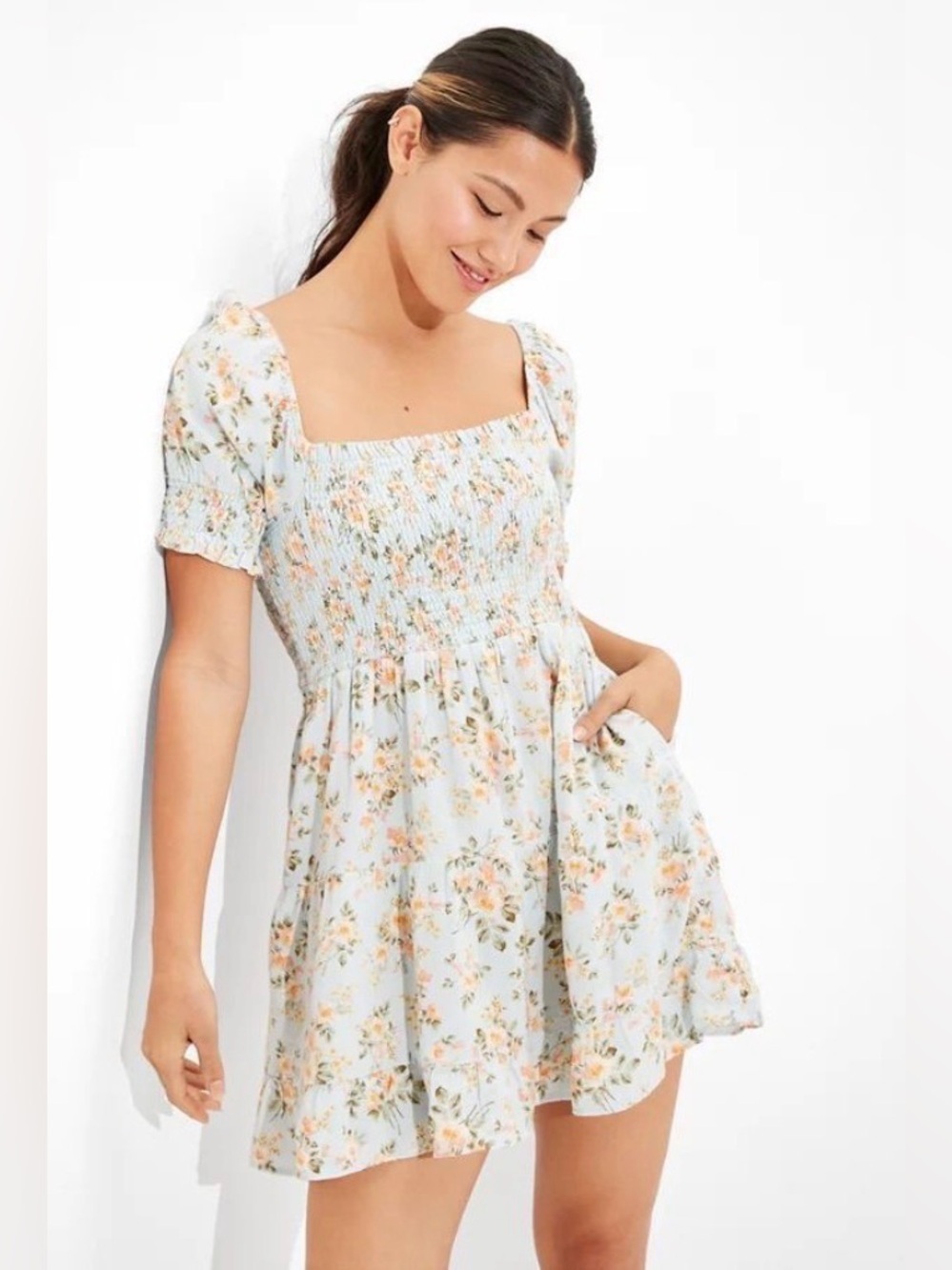 American Eagle Floral Smocked Mini Dress Blue Linen Blend Boho Cottagecore M